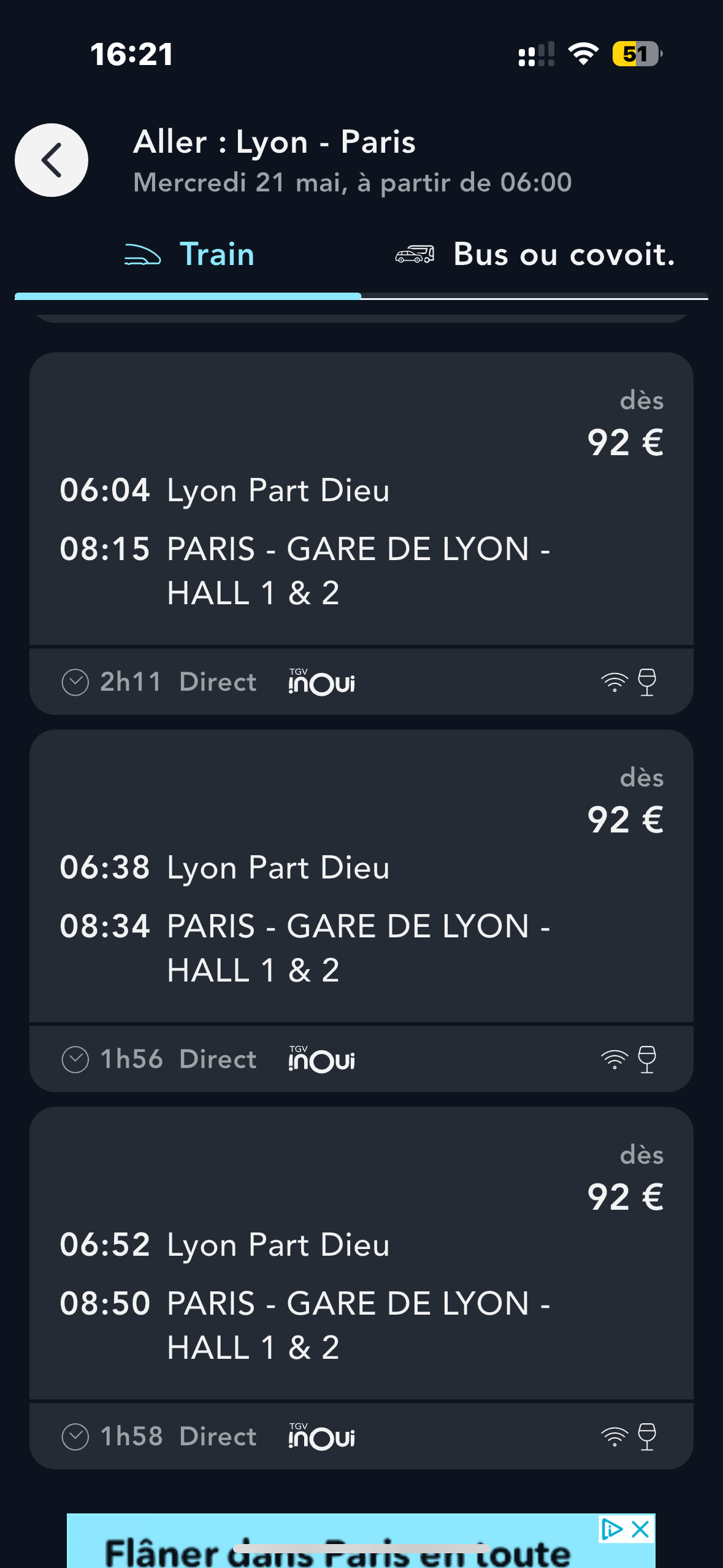Ecran des résultats de recherche de billets sur l'application SNCF Connect